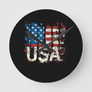 Retro American Flag USA 4th of July Round Clock
