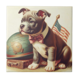 Retro American Pit Bull Terrier Painting Tile
