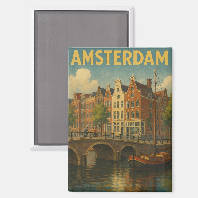 Retro Amsterdam Netherlands Grachten Magnet (Front/Back)