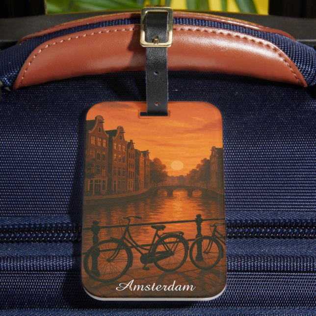 Retro Amsterdam Netherlands Grachten Sunset Glow  Luggage Tag (Front Insitu 2)