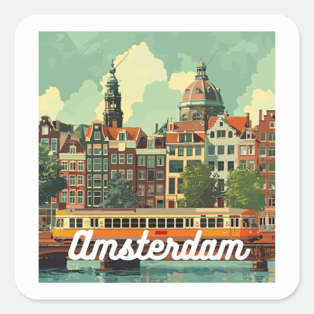 Retro Amsterdam Skyline  Square Sticker (Front)