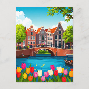 Retro Amsterdam Travel With Tulips Postcard