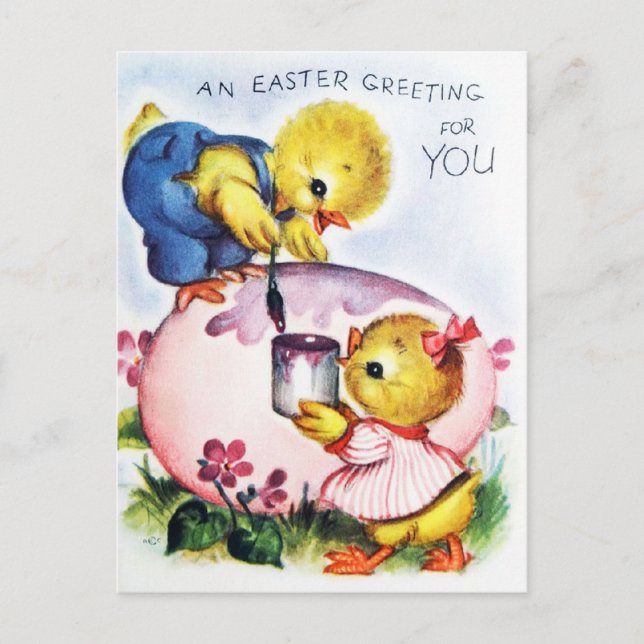 Retro an Easter Greeting to You Chicks and Egg Postcard (Front)