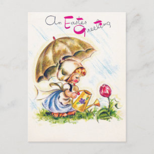 Retro An Easter Greeting Watering Tulip Garden  Postcard