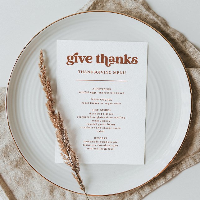 Retro and Boho | Thanksgiving Dinner Menu (A retro and boho style Thanksgiving dinner menu in terracotta and white)