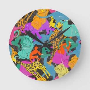 Retro Animal Silhouettes Pattern Round Clock