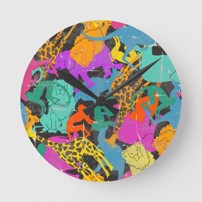 Retro Animal Silhouettes Pattern Round Clock (Front)