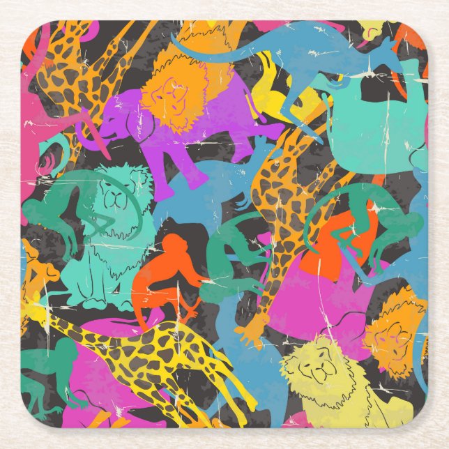 Retro Animal Silhouettes Pattern Square Paper Coaster (Front)