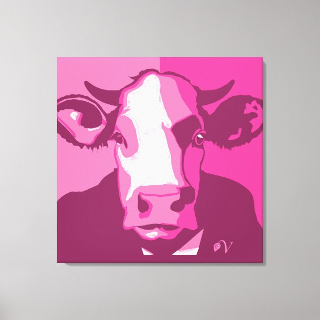 Retro Animal Wall Pop Art Pink Cow Portrait Canvas Print (Front)