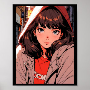 Retro Anime Cozy Hoodie Girl Night City Lights Sti Poster
