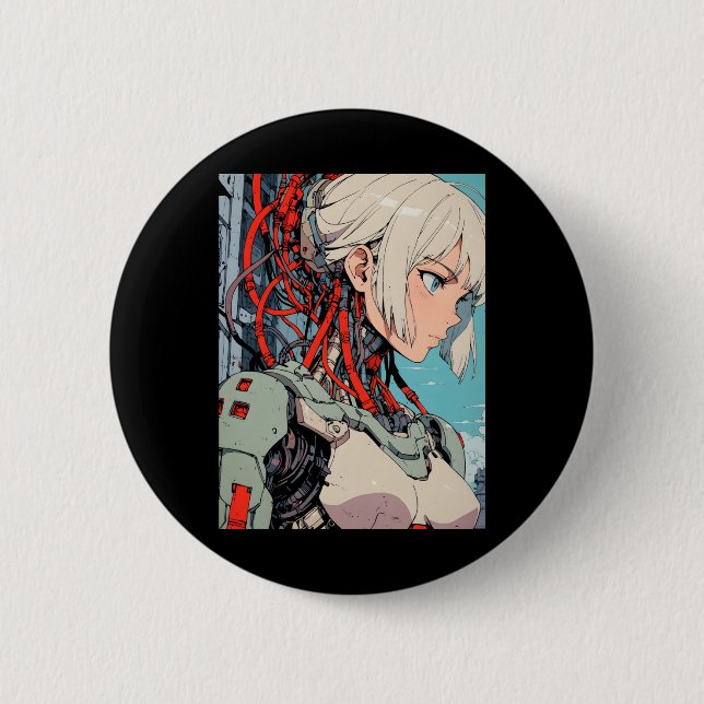 Retro Anime Cybernetic Android Girl Futuristic Sci 2 Inch Round Button (Front)