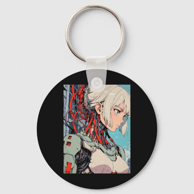 Retro Anime Cybernetic Android Girl Futuristic Sci Keychain (Front)
