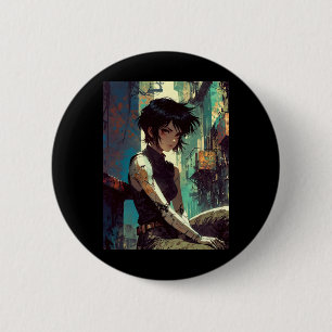 Retro Anime Cyberpunk Girl Dystopian Future Warrio 2 Inch Round Button