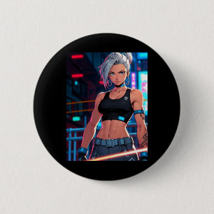 Retro Anime Cyberpunk Girl Neon Street Fighter Sti 2 Inch Round Button