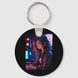 Retro Anime Girl Gamer Cyberpunk Streaming Setup S Keychain