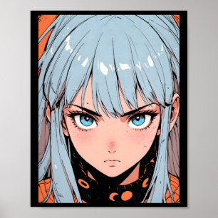 Retro Anime Intense Girl Blue Hair Aesthetic Stick Poster