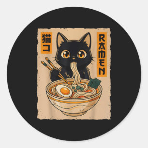 Retro Anime Kawaii Black Cat Eating Ramen Noodles  Classic Round Sticker