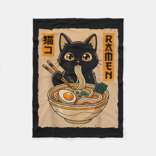 Retro Anime Kawaii Black Cat Eating Ramen Noodles Fleece Blanket