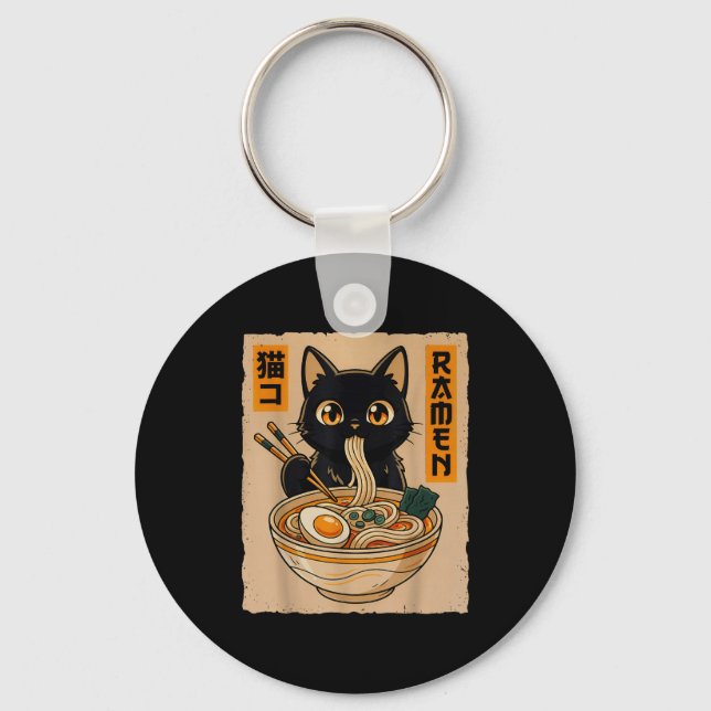 Retro Anime Kawaii Black Cat Eating Ramen Noodles  Keychain (Front)
