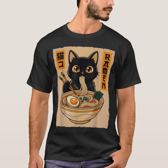 Retro Anime Kawaii Black Cat Eating Ramen Noodles  T-Shirt (Front)