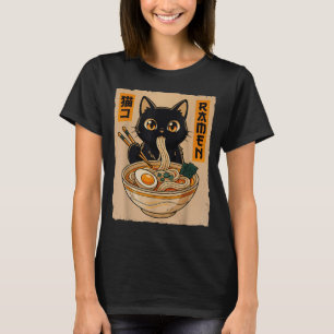 Retro Anime Kawaii Black Cat Eating Ramen Noodles  T-Shirt