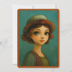 Retro Anime Pretty Woman In Hat Vintage Whimsical Holiday Card