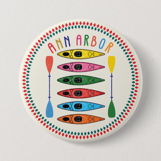 Retro Ann Arbor Kayaking 3 Inch Round Button (Front)