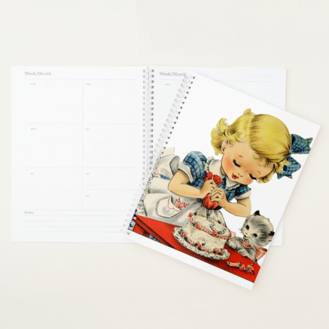 Rétro Anniversaire Fille Cake Cat Enfants Artwork (Devant avec enveloppe)