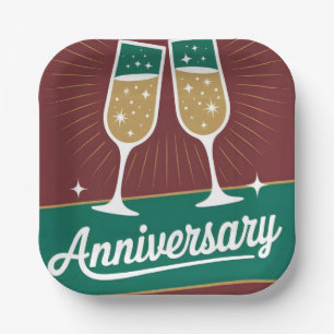 Retro Anniversary Graphic with Sparkling Champagne Paper Plate