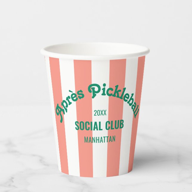 Retro Après Pickle Ball Social Club Pink Stripe Paper Cups (Front)