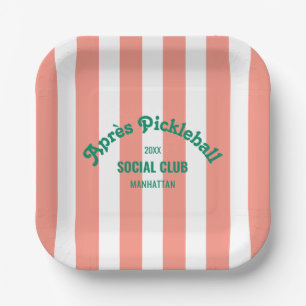 Retro Après Pickleball Social Club Pink Stripe Paper Plate