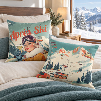 Retro Après Ski Woman Vintage Ski Lodge Pillow