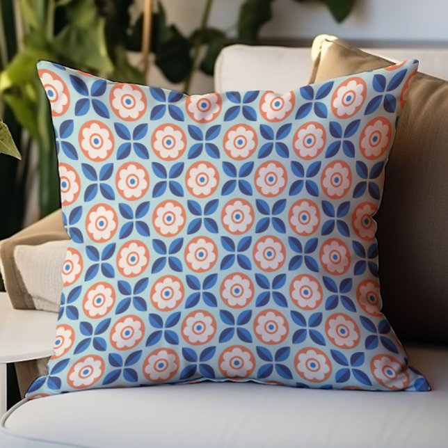 Retro Apricot Navy Aqua Floral Pattern Throw Pillow (Creator Uploaded)