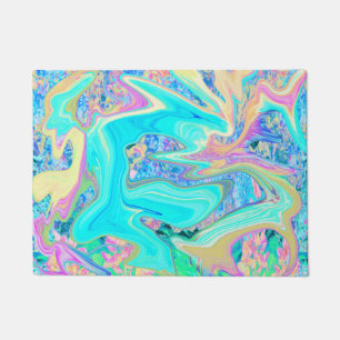 Retro Aqua Blue Liquid Art on Abstract Hydrangeas Doormat