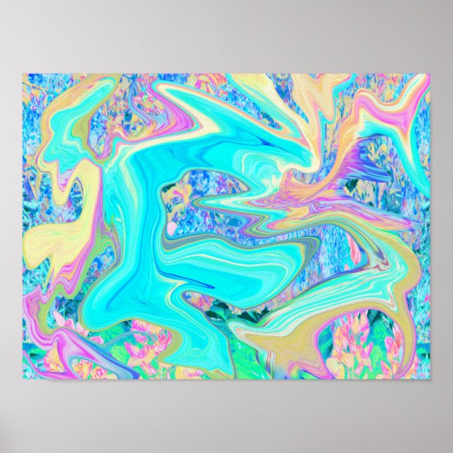 Retro Aqua Blue Liquid Art on Abstract Hydrangeas Poster (Front)