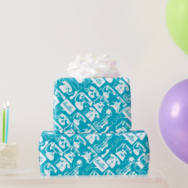 Retro Aqua Blue or Any Colour  Retro Telephone Wrapping Paper (Party Gifts)