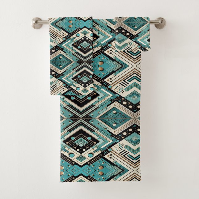 Retro Aqua Diamond Mid Century Modern Towel Set (En situation)