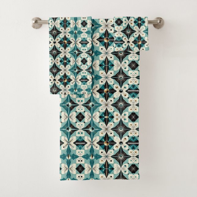 Retro Aqua Diamond Mid Century Modern Towel Set (En situation)
