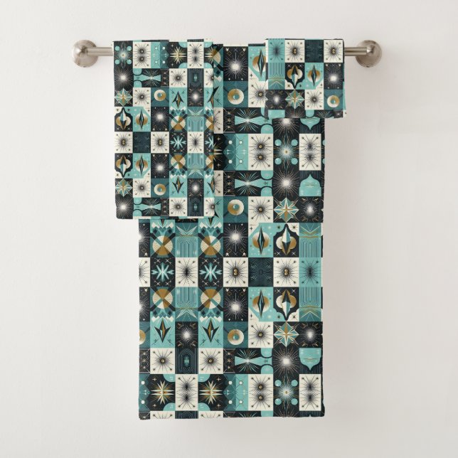 Retro Aqua Diamond Mid Century Modern Towel Set (En situation)