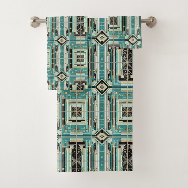Retro Aqua Diamond Mid Century Modern Towel Set (En situation)