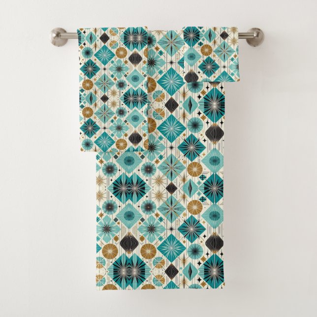 Retro Aqua Diamond Mid Century Modern Towel Set (En situation)
