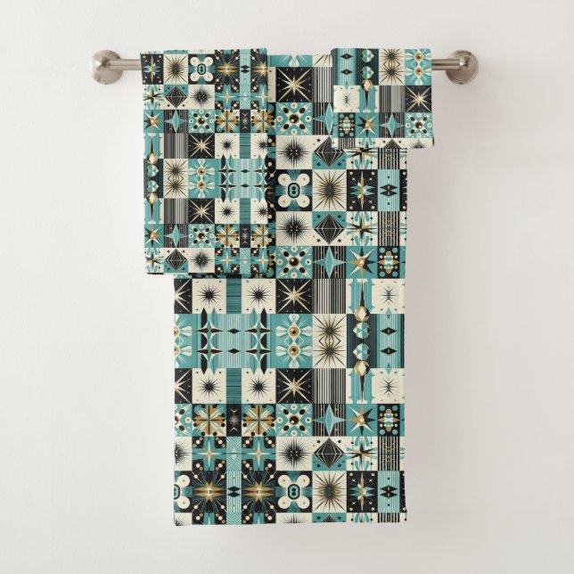 Retro Aqua Diamond Mid Century Modern Towel Set (En situation)