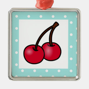 Retro Aqua Dots Cherries Metal Ornament