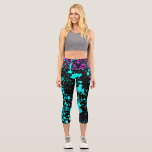 Retro Aqua Hot Pink Splattered Paint Style Capri Leggings
