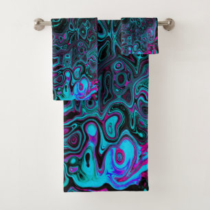 Retro Aqua Magenta and Black Abstract Swirl Bath Towel Set