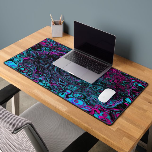 Retro Aqua Magenta and Black Abstract Swirl Desk Mat (Office 2)