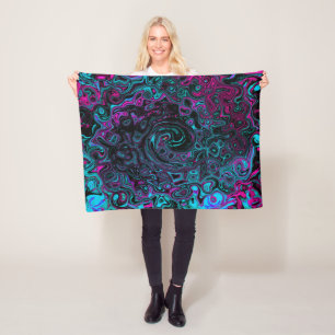 Retro Aqua Magenta and Black Abstract Swirl Fleece Blanket