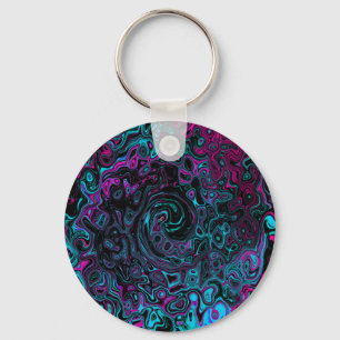 Retro Aqua Magenta and Black Abstract Swirl Keychain