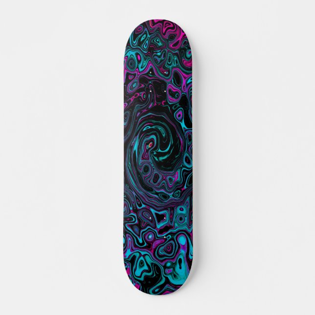 Retro Aqua Magenta and Black Abstract Swirl Skateboard (Front)