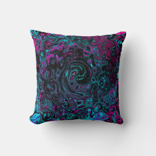Retro Aqua Magenta and Black Abstract Swirl Throw Pillow